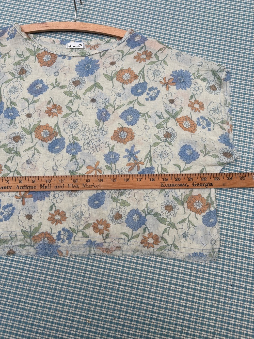 Vintage-Inspired Floral Crop Top in Blue & Tan Linen Blend Sheer XL - Picture 7 of 11